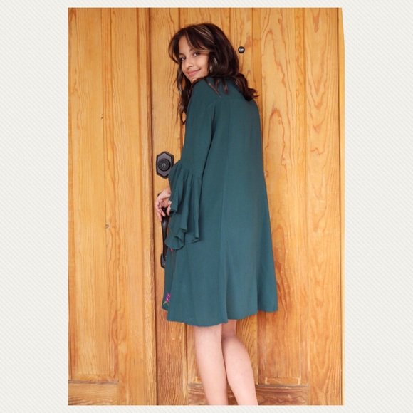 Umgee S L ONLY floral Embroidered bell sleeve dress dark teal - Picture 3 of 8